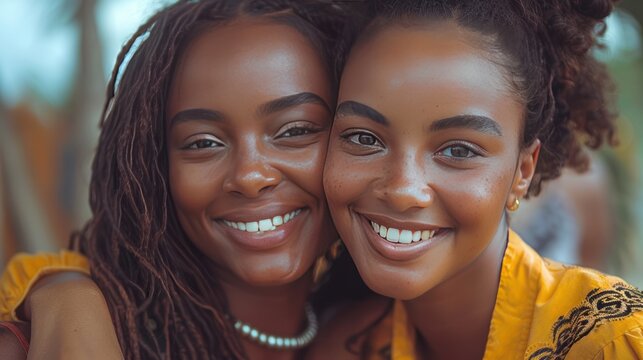 African american woman hugging her smiling teen daughter. Family love single parent child concept.