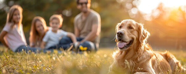 A family enjoys quality time outdoors with their playful golden retriever. Concept Family Time, Outdoor Fun, Pet Photography, Golden Retriever, Quality Moments