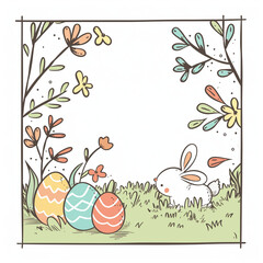 Easter-themed linear drawing with dotted line frame, perfect for coloring books or comics, sample space for text in the central area, white background