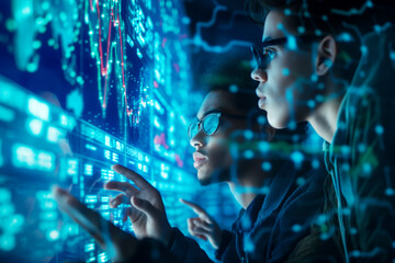 business chart and graph of men looking monitors trading and interacting with futuristic touchscreens and devices on a blue background, showcasing the seamless integration of human touch and digital i