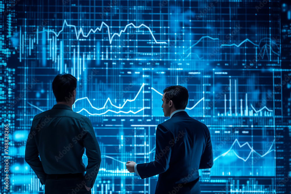 Poster business chart and graph of men looking monitors trading and interacting with futuristic touchscreen