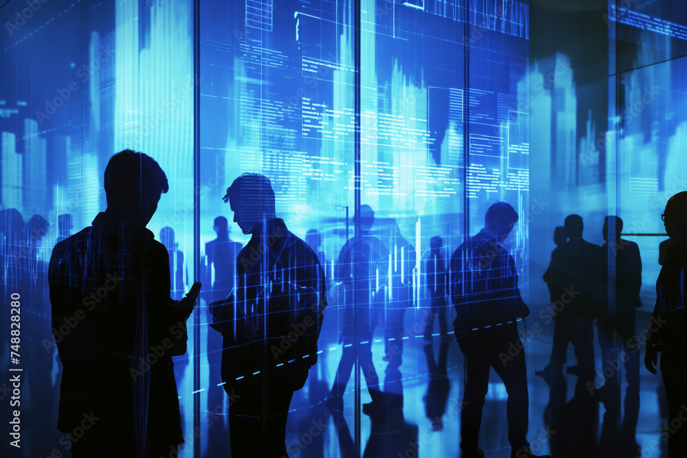 Poster business chart and graph of men looking monitors trading and interacting with futuristic touchscreen