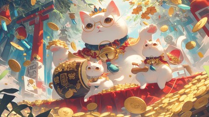 Abundant Maneki-neko Cats With Coins - Vibrant scene with multiple Maneki-neko figures scattering gold coins, indicating financial luck