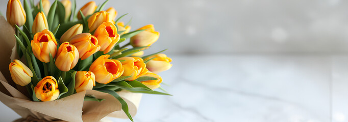 A bouquet of yellow and orange tulips on a craft paper on a white background