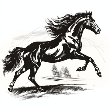 Dynamic Horse Sketch in Motion on a Rustic Countryside Background