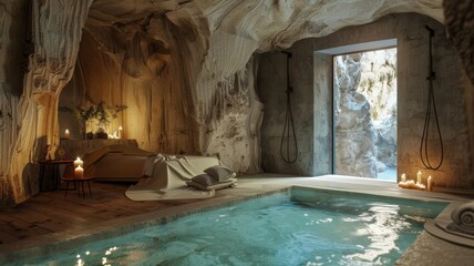 Cave-styled luxury indoor pool room - A serene, luxurious indoor pool resembling a cave, with natural textures, candles, and cozy bedding, exemplifies relaxation