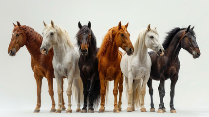  diverse group of six horses, showcasing different colors and breeds, standing side by side against a white background.