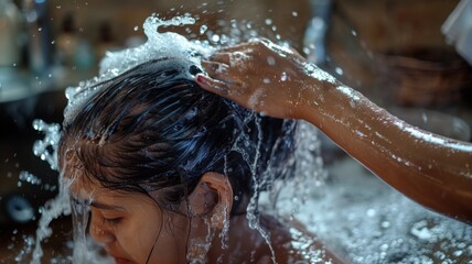 Woman getting hair washed with water splash - Intimate moment of a women getting their hair washed with splashing water, showing care and routine