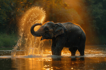An elephant playfully spraying water while standing in a river, illuminated by the golden light of the setting sun..