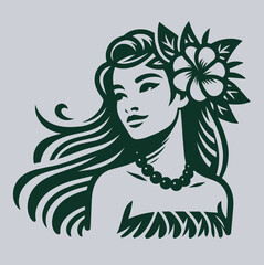 Beautiful Hawaiian young woman with flowers in her hair. vintage flat simple vector monochrome filled illustration. Icon, emblem, logo - obrazy, fototapety, plakaty