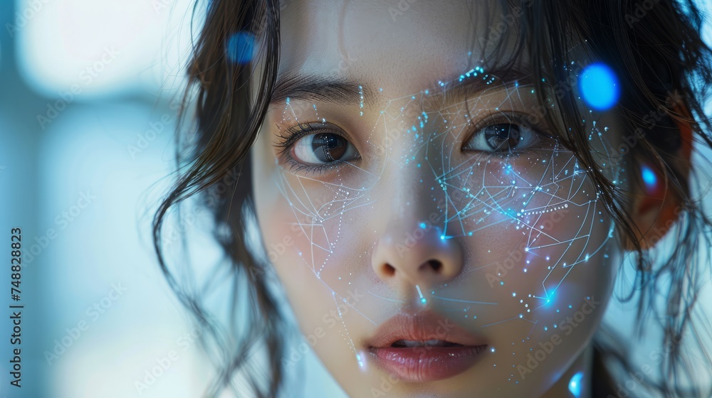 Poster authentication by facial recognition concept. biometric. security system. face recognition interface