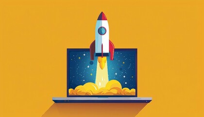 Elevating Ideas: Rocket Rises from Laptop Display, the elevation of ideas and concepts with an image showing a rocket ascending from the screen of a laptop, AI - obrazy, fototapety, plakaty