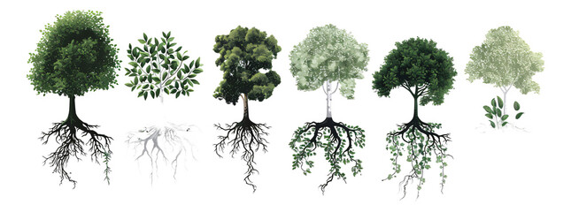 Trees, shrubs, plants, grass, and roots.