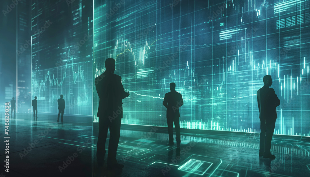 Poster business chart and graph of men looking monitors trading and interacting with futuristic touchscreen