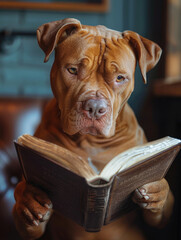 Construct a scene where an erudite pitbull is engaging in a reading session atop a closed toilet seat within a sleek and modern bathroom interior.  - obrazy, fototapety, plakaty