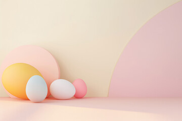 Minimalist graphic design, Easter theme, Abstract geometric shapes in pastel colors, Modern and stylish ambiance with space for text