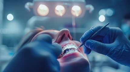 A patient receives precise braces adjustment from an orthodontist in a well-equipped dental clinic under bright lights. The concept of orthodontic dental care