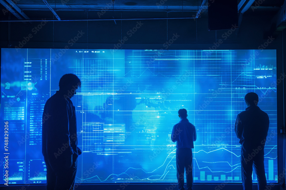 Poster business chart and graph of men looking monitors trading and interacting with futuristic touchscreen