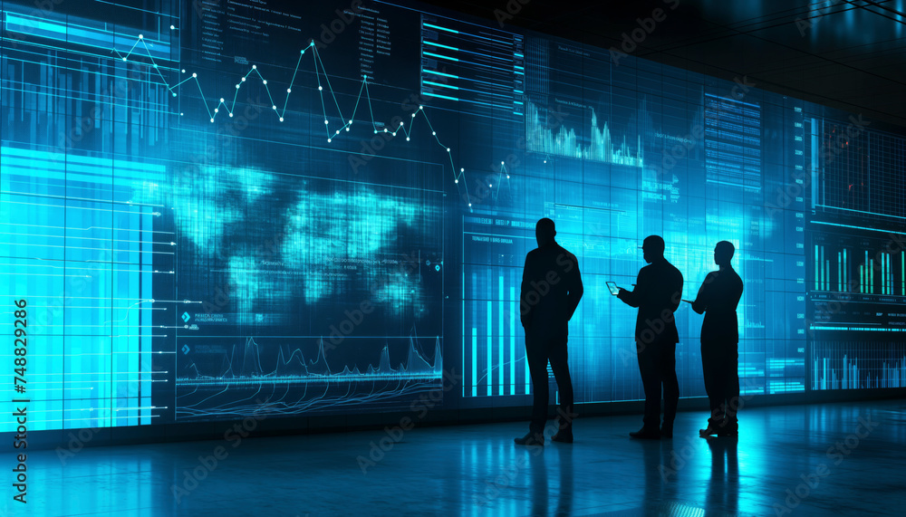 Poster business chart and graph of men looking monitors trading and interacting with futuristic touchscreen
