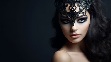 Portrait of seductive brunette in black carnival mask with gothic makeup on dark isolated background. Gothic style concept Female image of a crow bird for Halloween