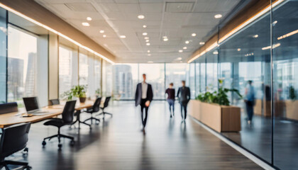 Blurry out of focus background of a bright clean office with desks, computer screens, chairs and business people walking around. ai generated