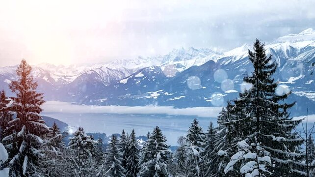 Scenes of snowy mountains, lakes, animated virtual repeating seamless 4k	
