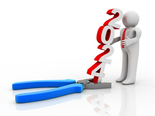 3d illustration 2024 New Year with cutting player near man