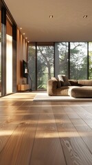 Fototapeta premium a modern living room featuring sleek oak parquet flooring gleaming under abundant natural light, the interplay between textures and surfaces, from the shiny floor to the plush furnishings.