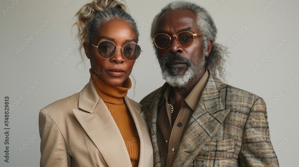 Poster Editorial-style studio photoshoot featuring a diverse, middle-aged couple, captured in a long shot that encapsulates the essence of luxury and sophistication against a stark,