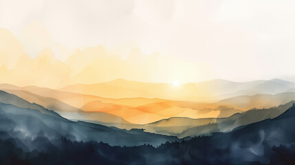 Watercolor painting of mountains and shining sunlight.