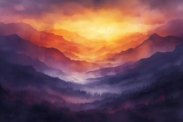Watercolor painting of mountains and shining sunlight.