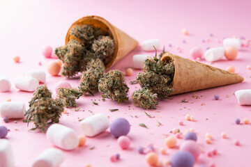 Dry buds of medical marijuana lie on waffle ice cream cones on a pink background.  There are candies and marshmellos around.  Alternative medical cannabis treatment