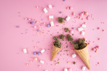 Dry buds of medical marijuana lie on waffle ice cream cones on a pink background.  There are...