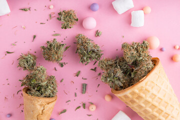 Dry buds of medical marijuana lie on waffle ice cream cones on a pink background.  There are candies and marshmellos around.  Alternative medical cannabis treatment