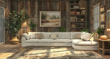 Rustic living room of natural light with a comfortable sofa and vintage decor