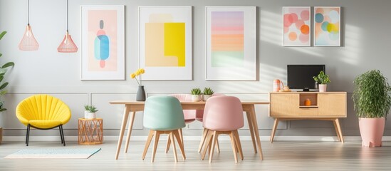 A dining room featuring a table with pastel lamps above, chairs in yellow green and grey, and colorful posters on a white wall.