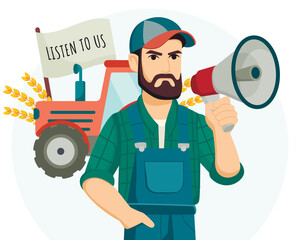 Farmer protest with placard and loudspeaker. Demonstration concept