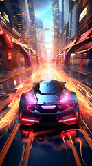 3D racing game with futuristic vehicles and tracks through neon cities