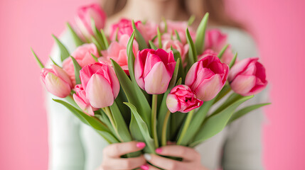 Obraz premium Details on a bouquet of tulips for the festive occasion in the hands of beautiful smiling woman isolated over pink background