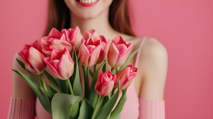 Details on a bouquet of tulips for the festive occasion in the hands of beautiful smiling woman isolated over pink background