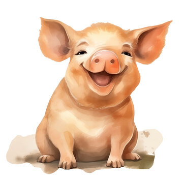 cute piglet sitting and smiling isolated on a transparent background, pig farm animal watercolor clipart illustration