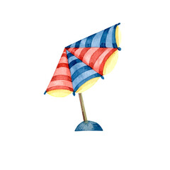 Multicolored striped beach parasol, leisure accessory.