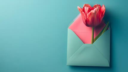 Envelope flower tulip on a colored background