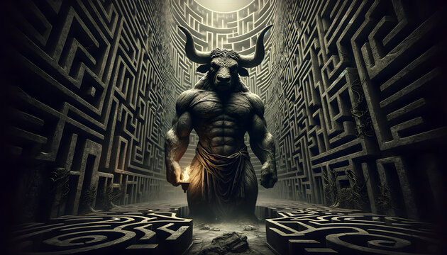 The mythical Minotaur, a creature from Greek mythology with the body of a man and the head of a bull, standing in the center of the labyrint.