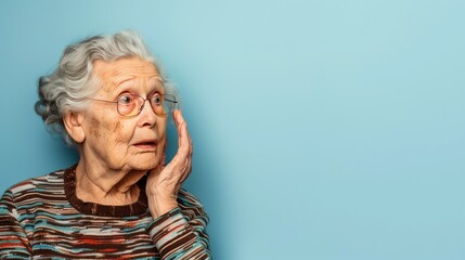 Curious old grandmother neighbor eavesdrops on her neighbors behind the wall, emotions of surprise and shock - obrazy, fototapety, plakaty