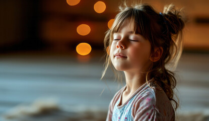 Close up little girl sits with her eyes closed relaxingly meditating in the room, children's mental health and relaxation concept	
