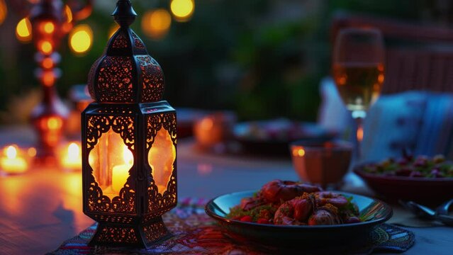 Ramadan Kareem, lantern, food, dusk scene with blurred string lights in the background