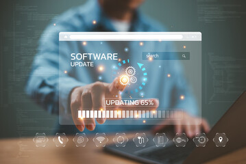 Update software system concept. Upgrade installation business app and software update process on computer laptop. User download install data function technology. New version security system release. - obrazy, fototapety, plakaty
