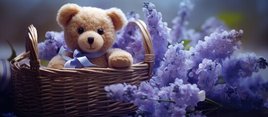 Fototapeta premium A teddy bear is seated inside a white basket filled with vibrant purple flowers, creating a charming scene. The plush toy appears cozy and content among the fresh blooms.