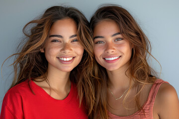 Hispanic women wearing red t-shirt smile isolated on gray background